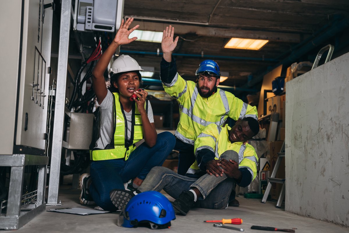 Team Engineers calls for assistance after a team member sustains a leg injury while doing electrical work. Technician in inverter solar panel room.